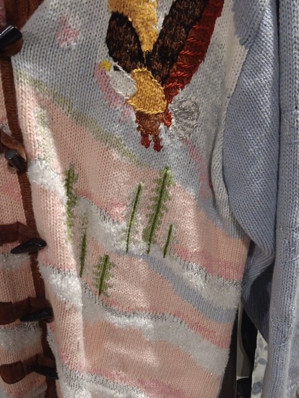 Storybook Knits Light Blue, Brown, Pink Embroidered Bird Shawl-Front Cardigan - Picture 3 of 9